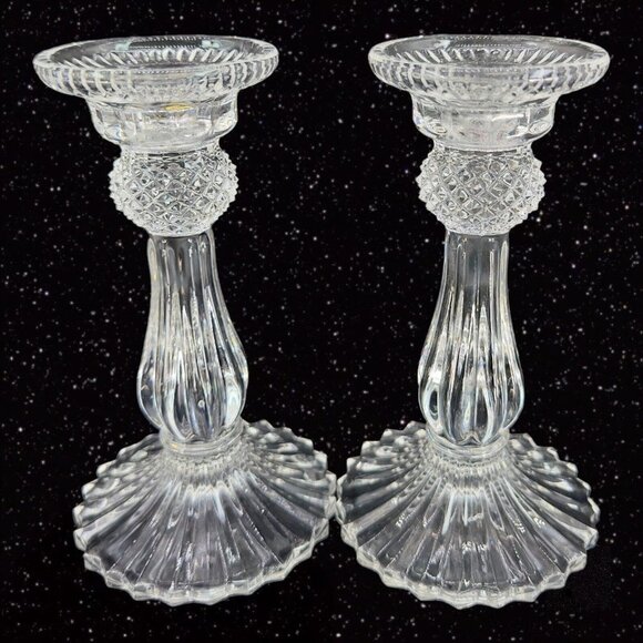 1980s Clear Crystal Diamond Point Candle Stick Holder Set 2 Candle Holder VTG - Picture 14 of 15